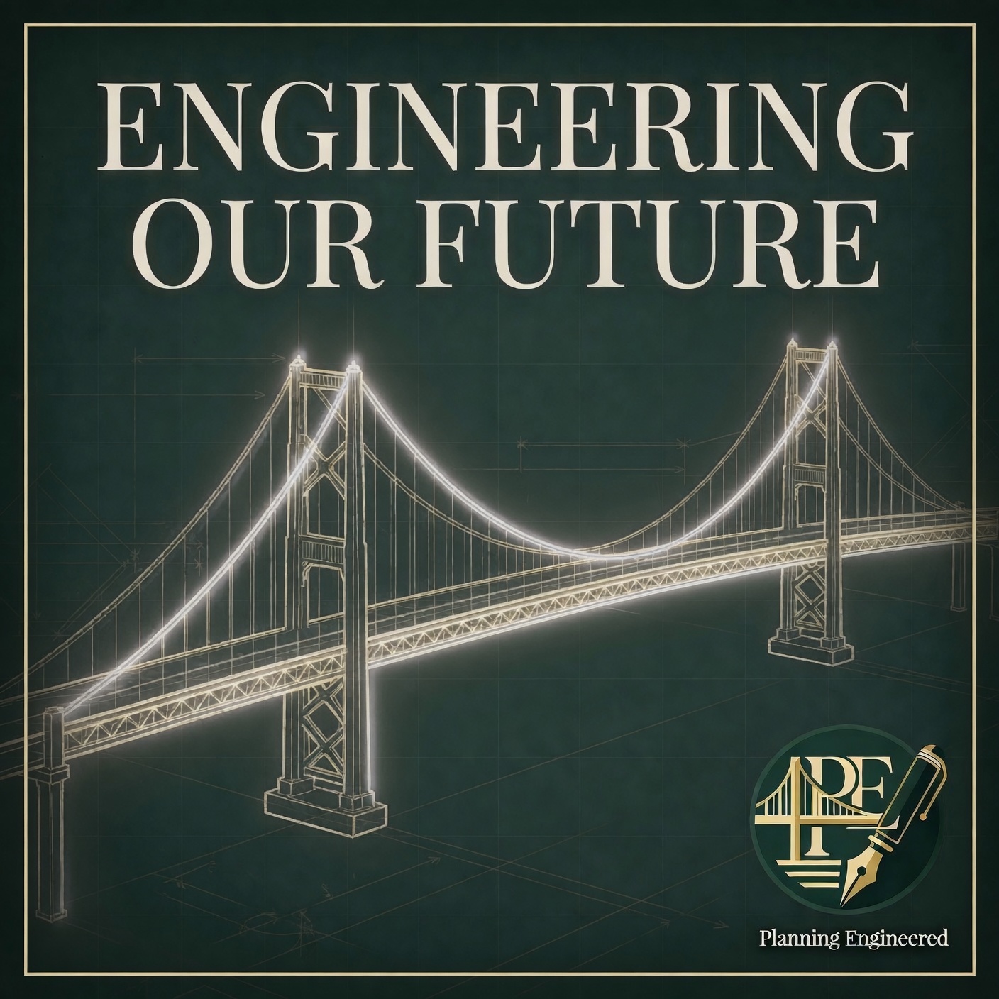 Engineering Our Future podcast cover art — bridge blueprint design