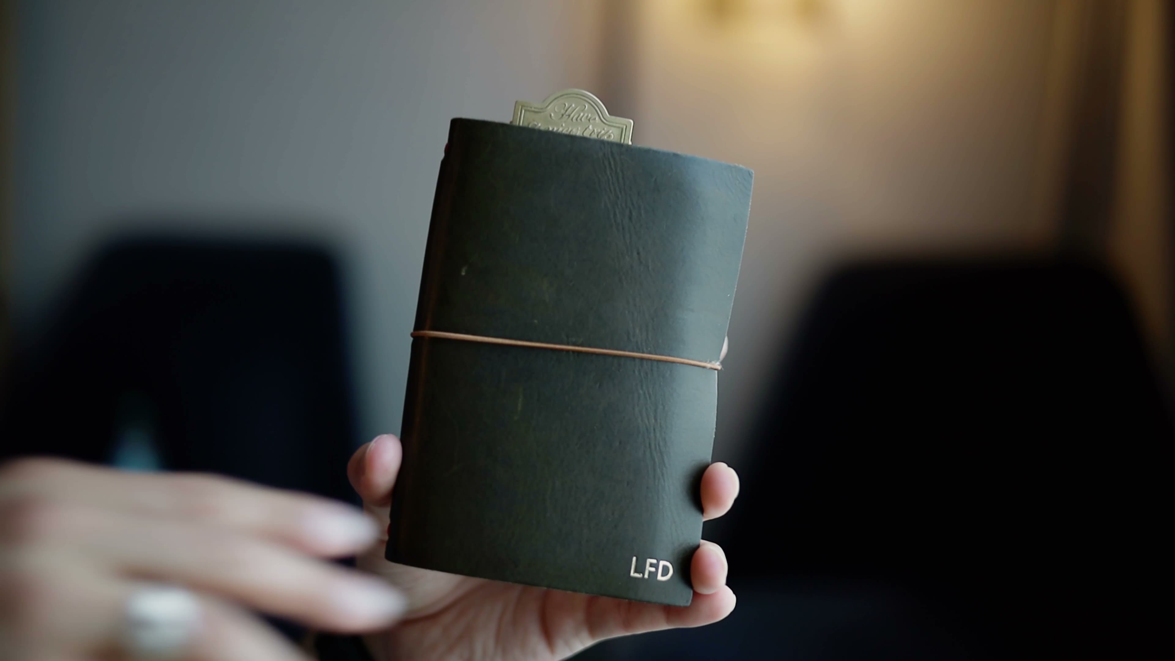 Paper Republic. Dark olive-green leather cover in hand; brass bookmark clip; LFD monogram stamp; cinematic bokeh.
