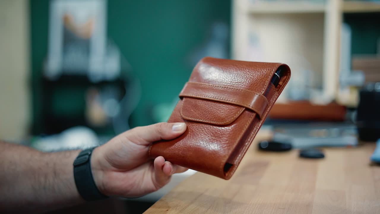 Galen Leather Legacy TwinFlip Pen Case for 5 Pens. Closed TwinFlip case, deep cognac pebbled leather, front flap + strap, slight rotate to the gusset.