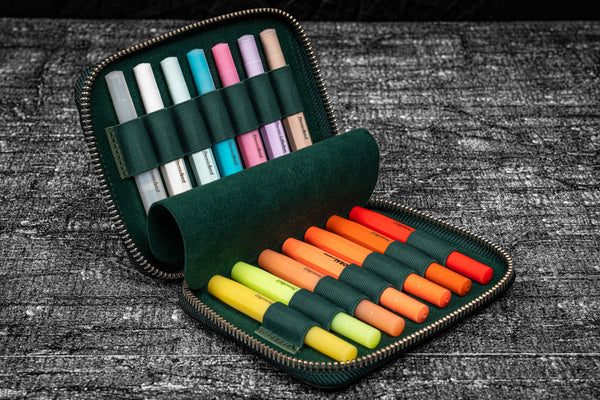 Galen Leather Collector Pen Case for 14 Kaweco Pens - Crazy Horse Forest Green