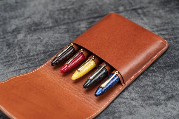 Galen Leather Flap Pen Case for Five Pens